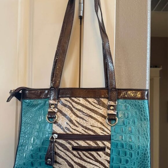 Teal and Brown Croco Embossed Animal Pattern Leather MC Medium Shoulder Handbag - Picture 2 of 10